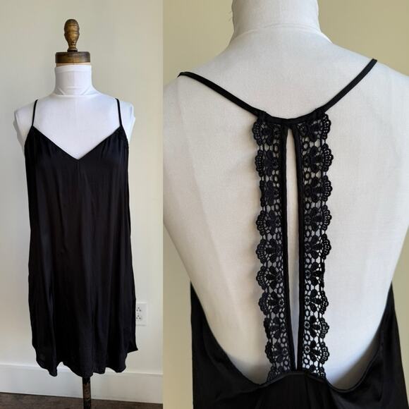BHLDN SILKY BLACK LACE BACK CHEMISE SLIP MEDIUM - Picture 1 of 9